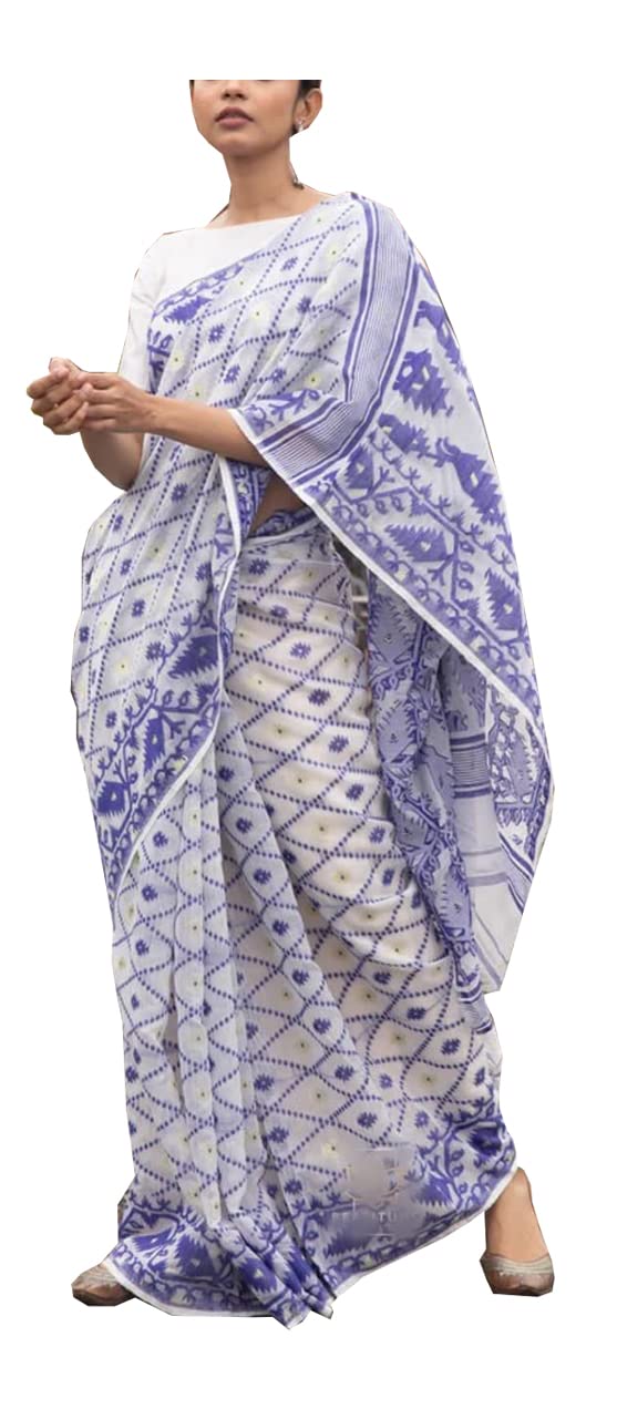 GenericKabir Fabrics Women's Kanchipuram Banarasi Lichi Llan Span Cotton Salb Weaving Saree With Plain Unstitched Blouse Piece (White Colour)