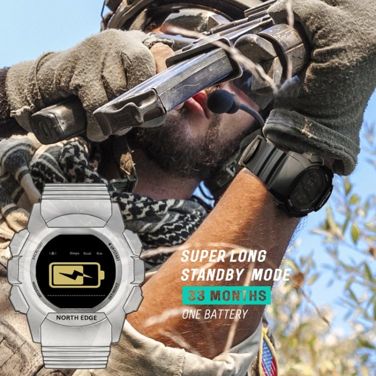 North Edge AK Smart Watch on a wrist with 'SUPER LONG STANDBY MODE 33 MONTHS' text