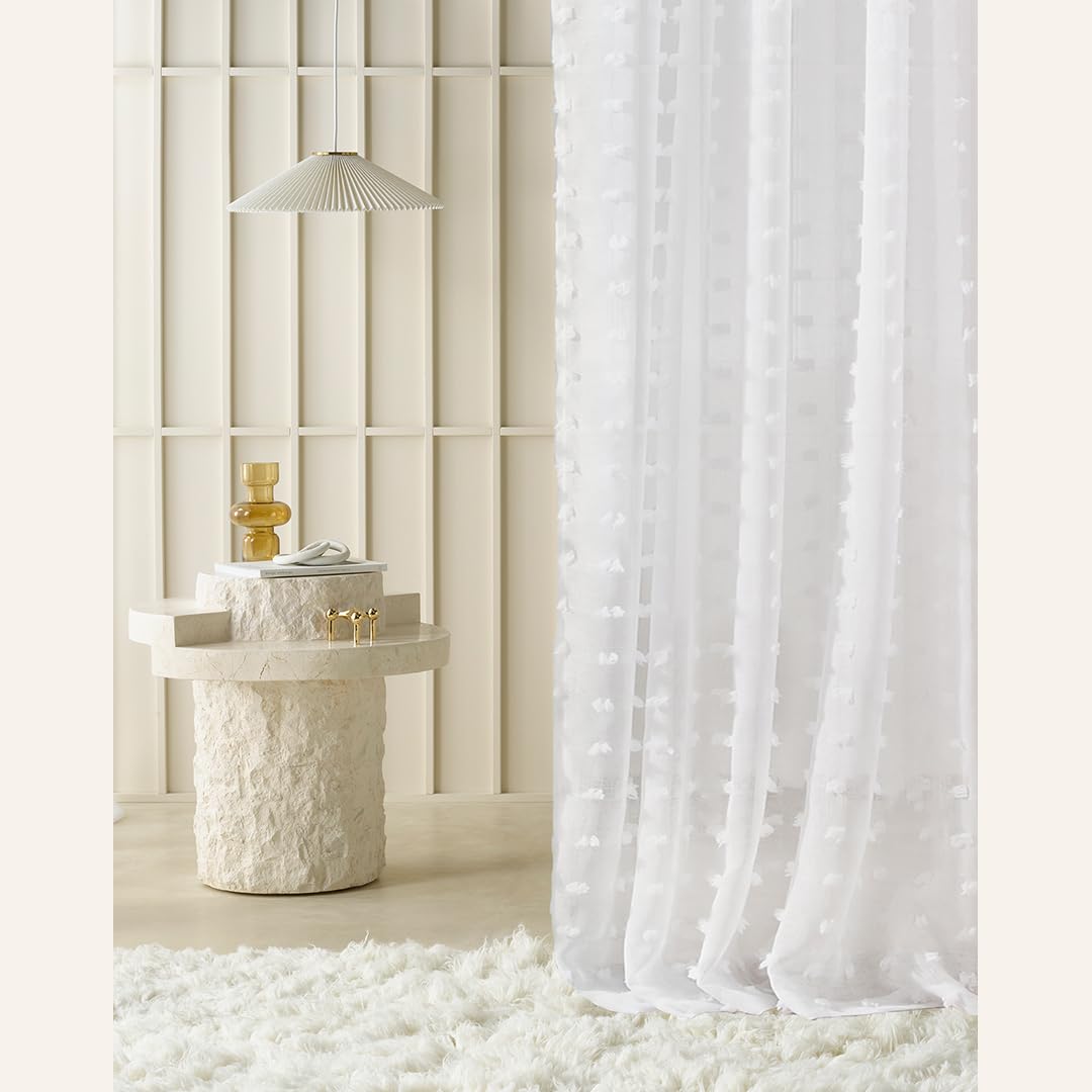 ROOM99 Casablanca Eyelet Curtain 140 x 280 cm Width x Height Living Room Transparent Modern Curtain Scarf Living Room Bedroom White Pompoms 1 Piece - Image 2