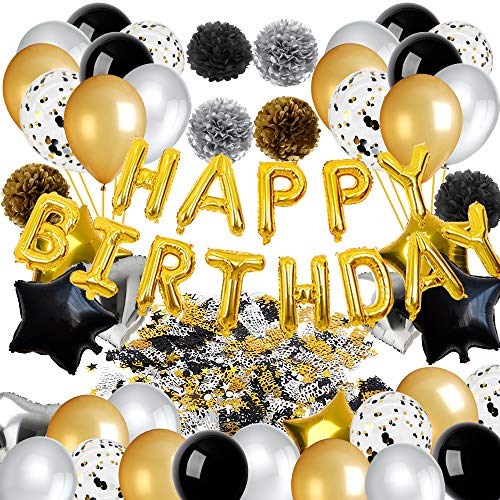 Puselo Décoration d'anniversaire noir et doré, bannière avec étoiles, cœur, ballons en aluminium, pompons en papier, décorations de fête noires et dorées Cover