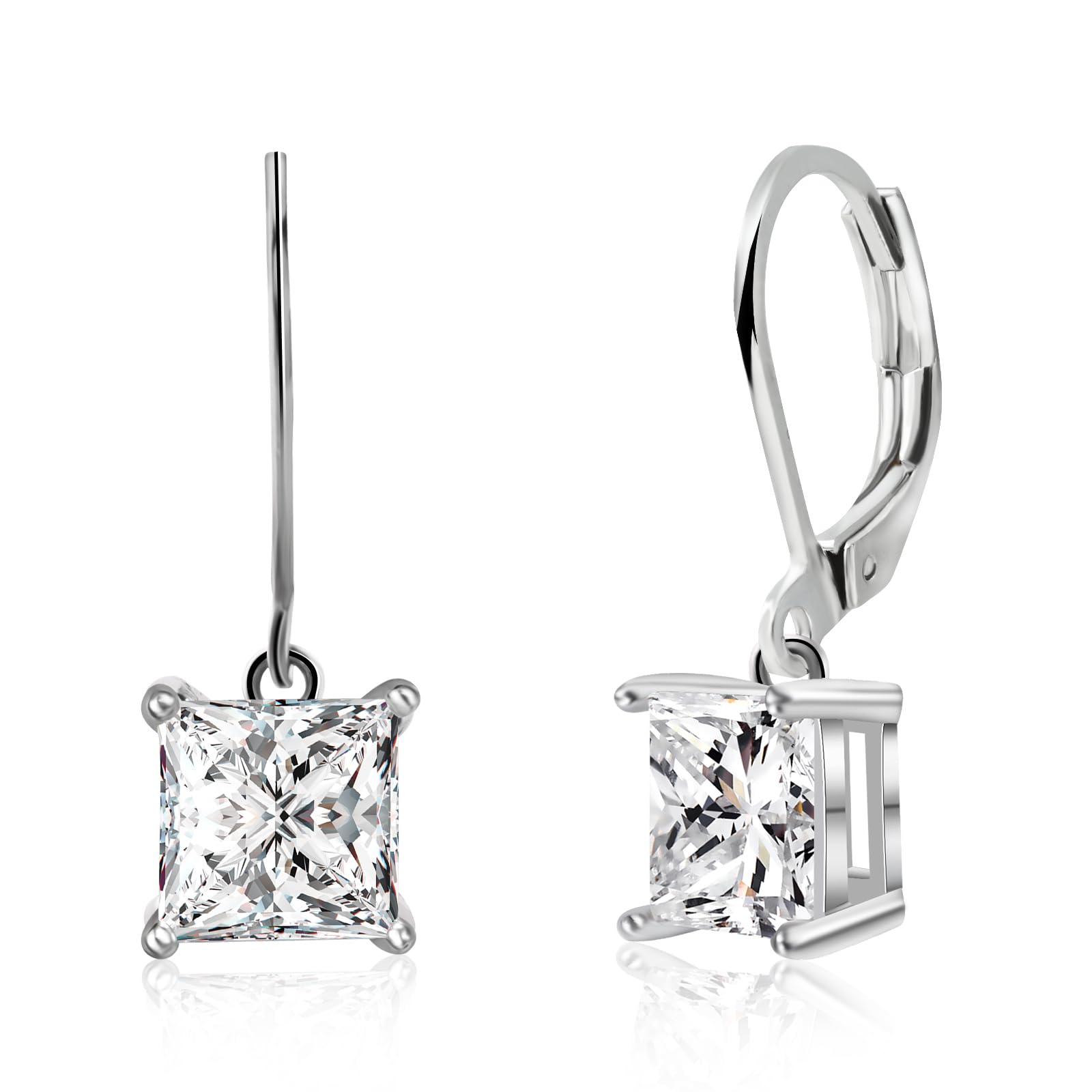 Cubic Zirconia Earrings Princess Cut Leverback Silver Dangle Drop Bridesmaids Diamond Earrings for Women
