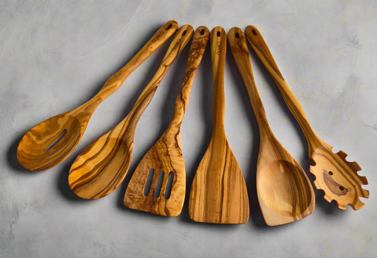 Juego de 5 cucharas 100% madera de olivo hechas a mano, ideal para utensilios de cocina antiadherentes y utensilios de cocina, cocina, hornear y servir, ecológico y hecho a mano, 2 espátulas y