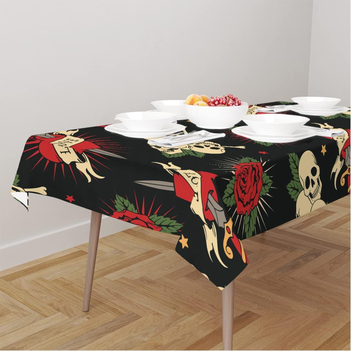 Tavisto Love Rose Skull Rectangle Tablecloth 60 X 84 Inch Stain Wrinkle Resistant Washable Polyester Table Cloth for Dining Farmhouse Party Camping Decorative