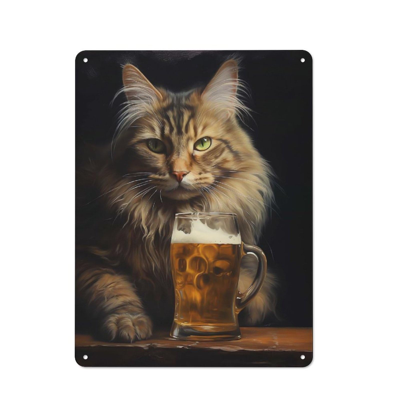 Junmoney Style-8 Workshop Style Cat Beer(2) Decorative Metal Plaque 40X30cm, Shed Wall Plaque For Tool Room, Garage, Studio Or Home Bar