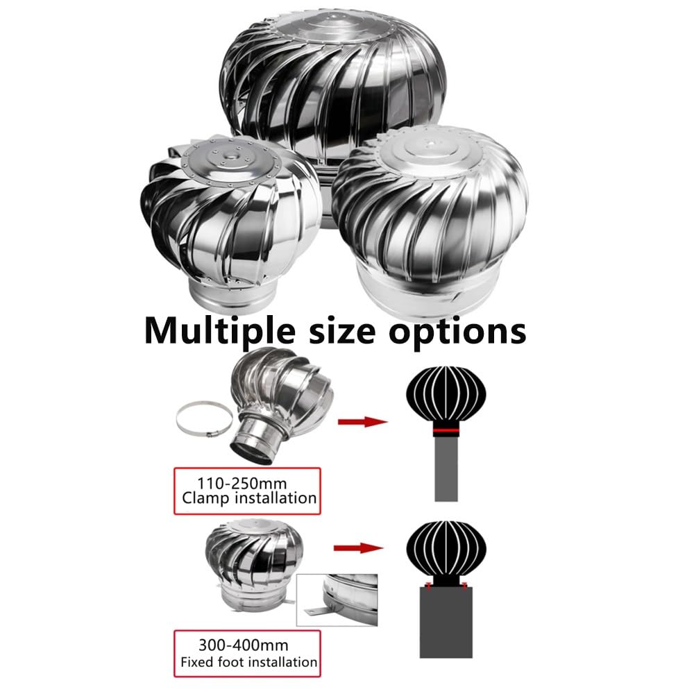 Ventilateur de toit rotatif non électrique - 10,2 cm, 15,2 cm, 20,3 cm, 25,4 cm, 30,5 cm - En acier inoxydable - Facile à installer (110 mm)