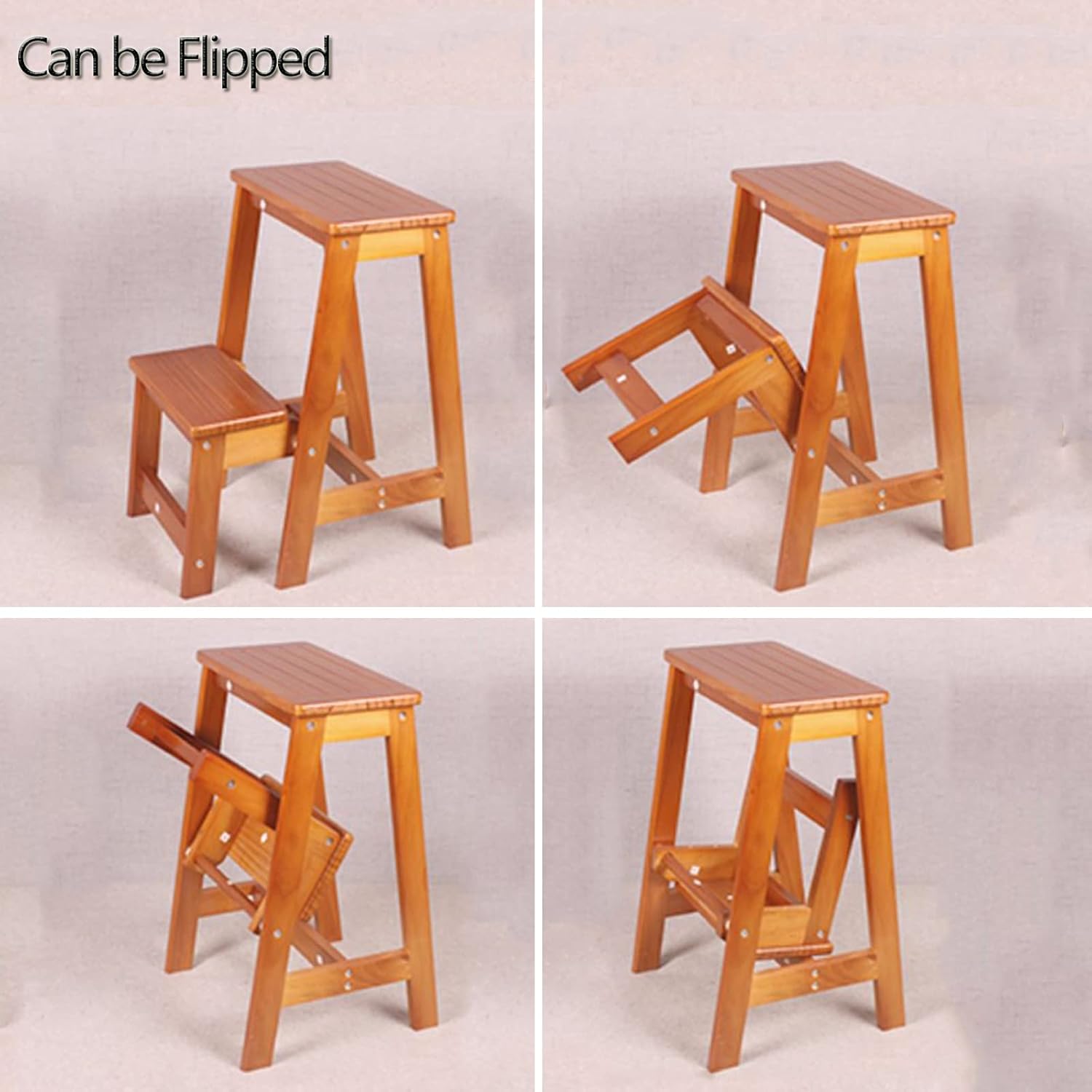 Wooden Step Stool Home 2 Steps Ladder Chair, Flip Ladders Stool Small Foot Stools Safety Non-Slip Tread Ladders for Home Library Kitchen Climb Step Ladder