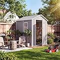 Plastic Outdoor Storage Shed with Floor & Window, 4x6 ft Resin Garden Shed for Patio, Lawn Mower, Bike & Tool, Waterproof Outdoor Storage with Lockable Door & 2 Vents & Sloped Roof for Backyard