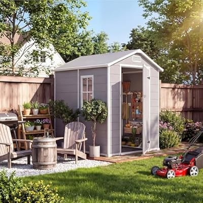 Plastic Outdoor Storage Shed with Floor & Window, 4x6 ft Resin Garden Shed for Patio, Lawn Mower, Bike & Tool, Waterproof Outdoor Storage with Lockable Door & 2 Vents & Sloped Roof for Backyard