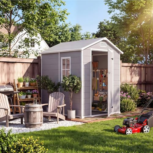 Plastic Outdoor Storage Shed with Floor & Window, Resin Garden Shed for Patio, Lawn Mower, Bike &...