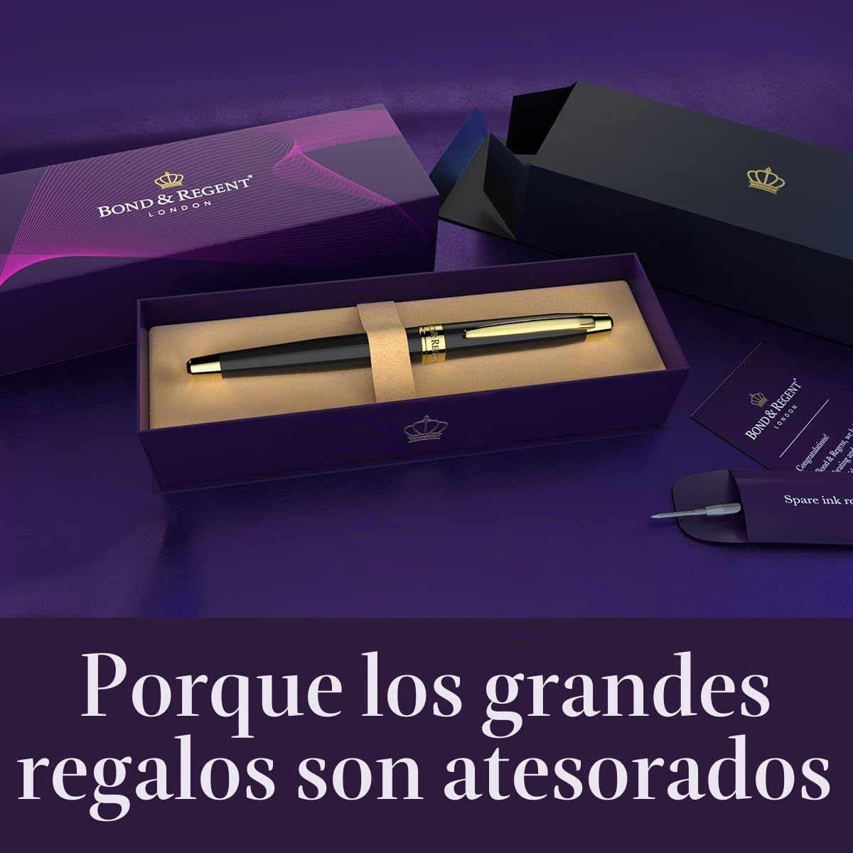 Bond & Regent Bolígrafo de punta redonda de grado de lujo certificado en negro brillante y oro de 24 quilates, bonito regalo para hombres y mujeres