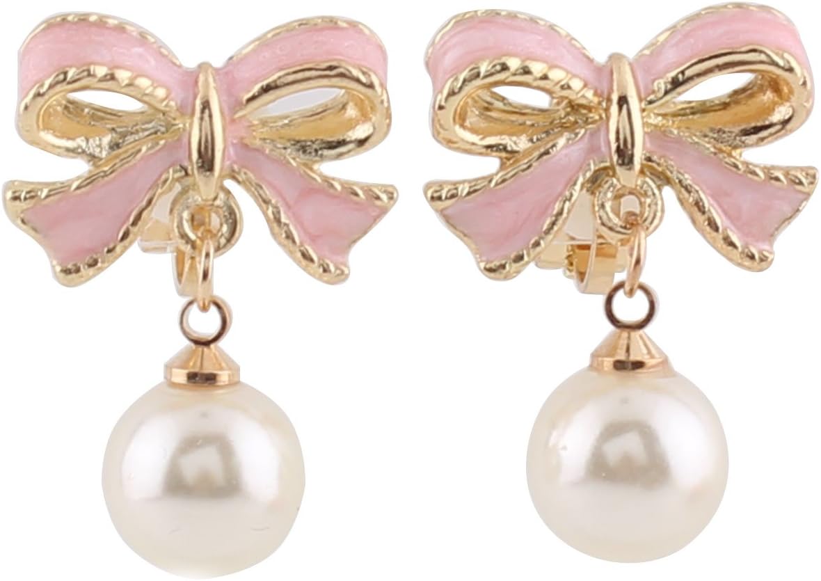 Pink Bowknot Shape Clip on Earrings Without Piercing for Women Pearl Drop Earrings(Pink Bowknot Clip-ons)