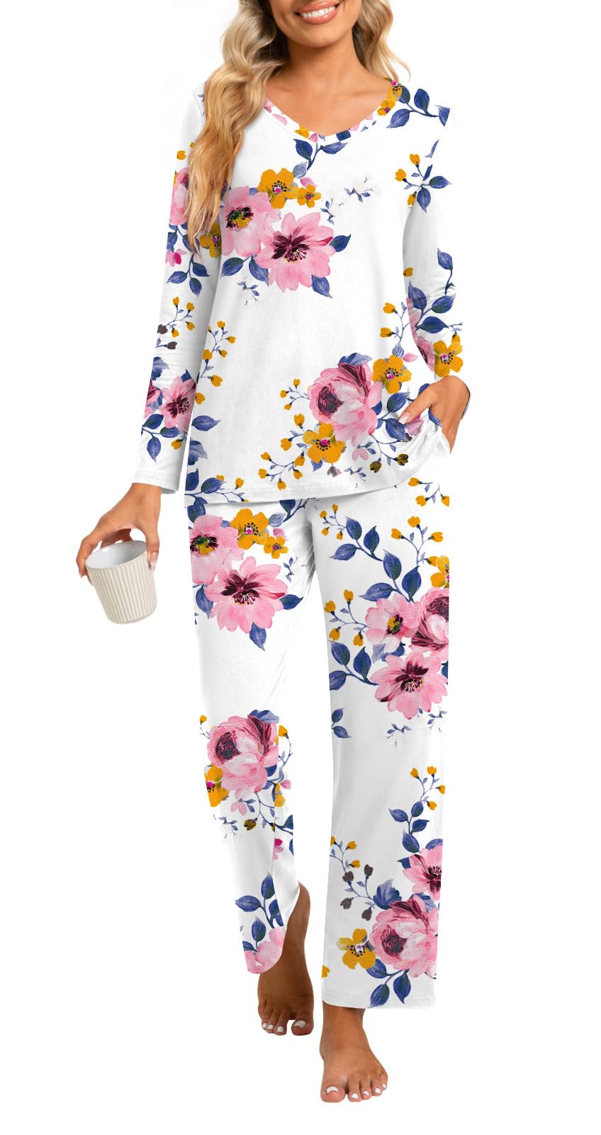 syoss Conjunto de pijama de 2 piezas para mujer, de manga larga, con bolsillos