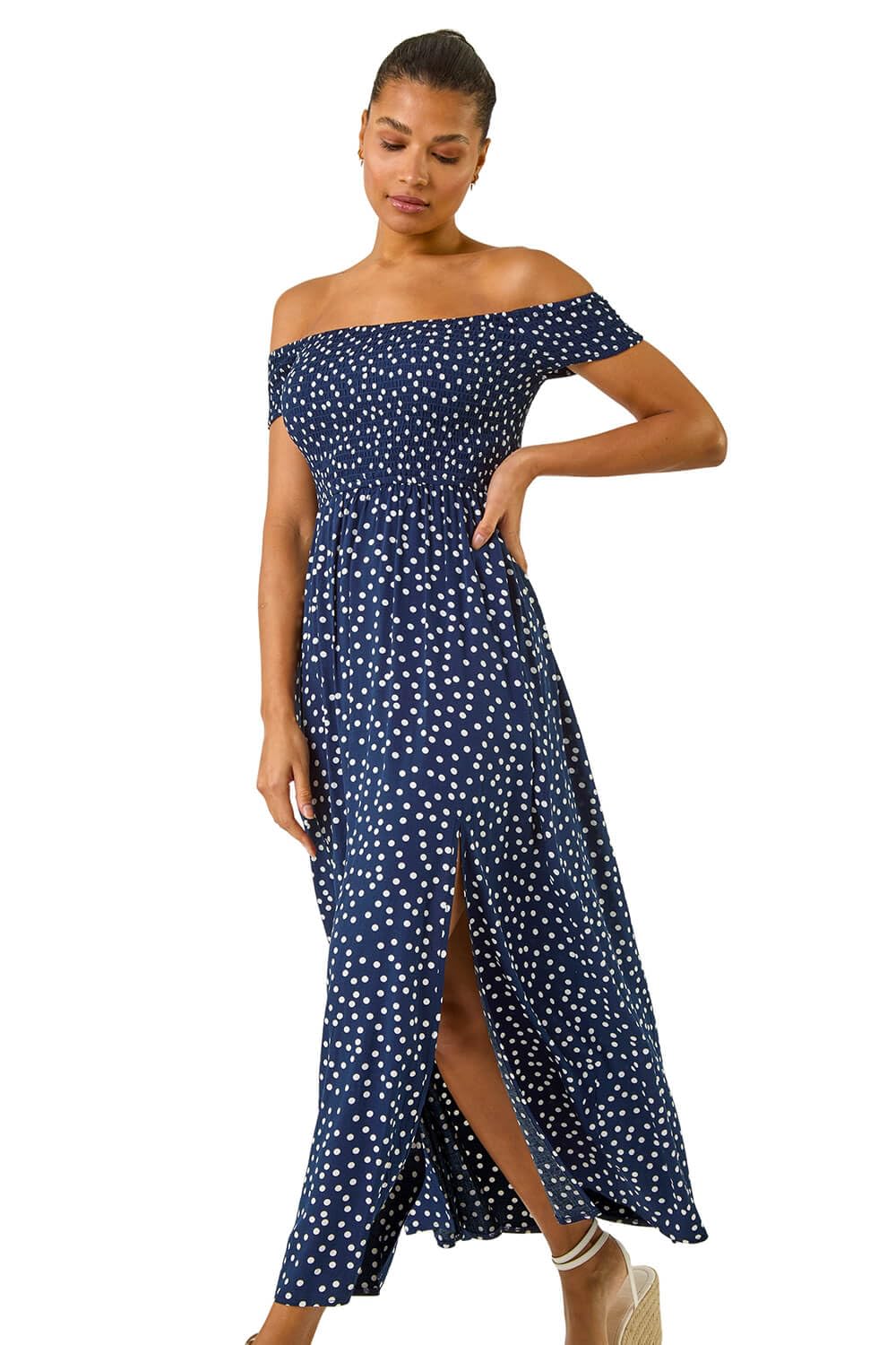 Roman Originals Bardot Dress for Women UK Ladies Shirred Chest Off Shoulder Cold Shoulder Maxi Midi Summer Beach Holiday Sleeveless Garden Cocktail Party Elasticated - Spot Navy - Size 14