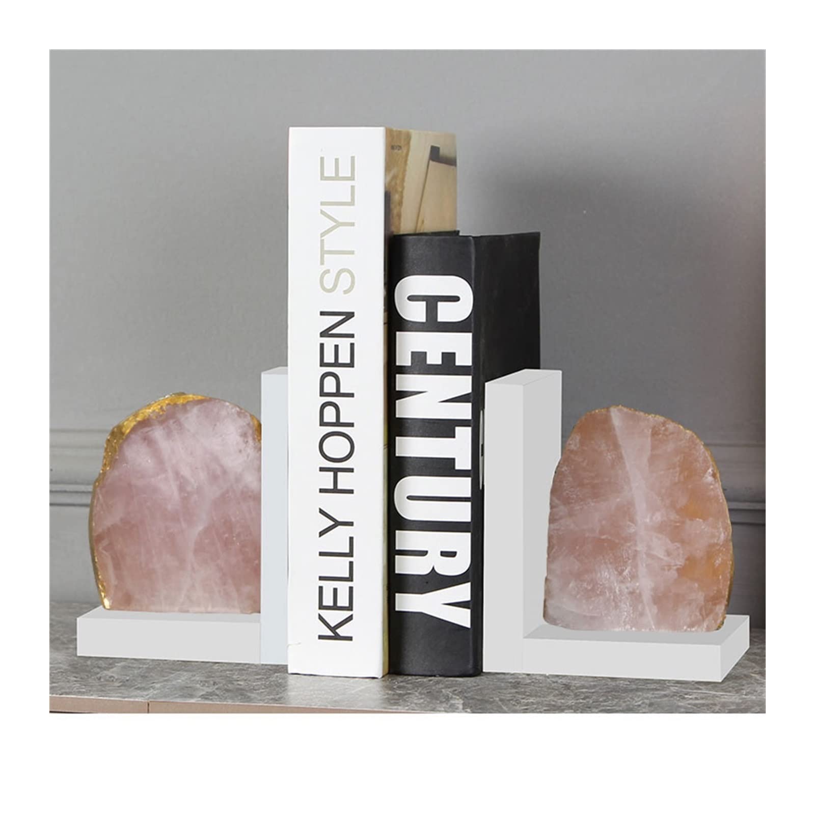 Bookends for Shelves Marble Style Bookends, Unique Decorative for Heavy Books, Creative Crystal Book Ends for Shelves, Kitchen Cookbooks Storage Bookshelf Holder Stand(Pink)