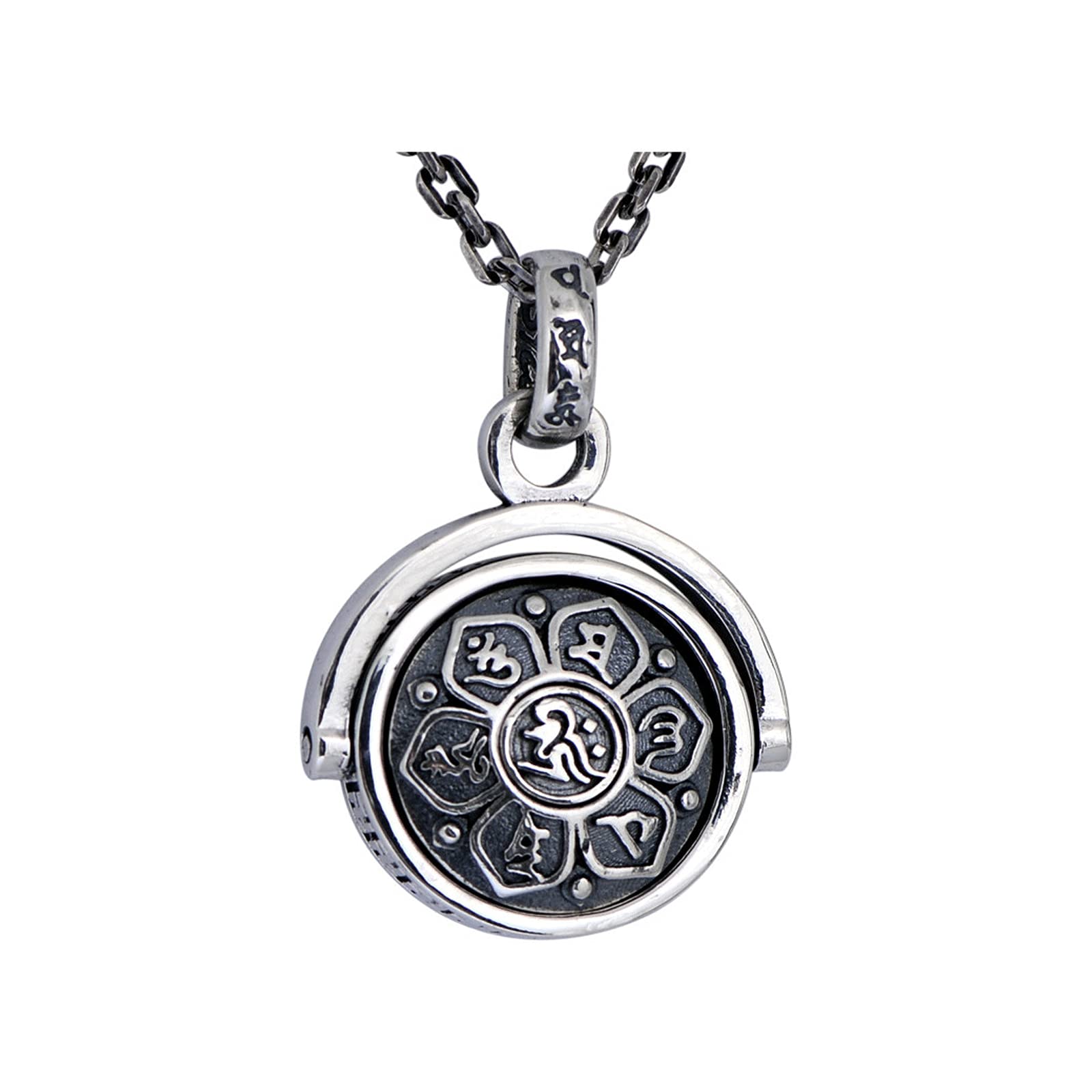 s925 joyería de Plata esterlina Medalla Colgante de Mantra de Seis Caracteres giratoria de Plata Vintage para Hombres