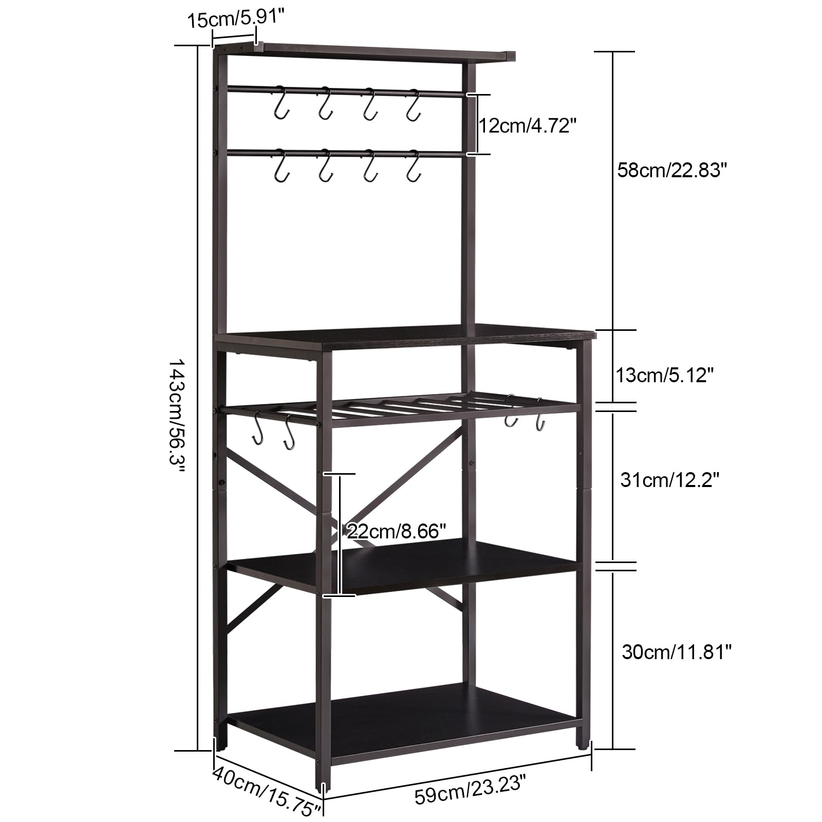 YMYNY Étagère de Cuisine, Meuble de Rangement à 4 Niveaux, Support de Micro-Ondes avec Crochets en S,Etagères de Stockage, Cadre en Métal, Style Industriel, 59 x 40 x 143 CM, Noir HBR001B