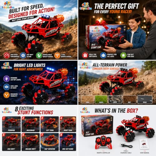 Image of Remote Control Drift Car for Kids, 4WD 8 Functions RC Stunt Car with 360 Rotation,Off-Road Climbing Monster Truck,Smoke Spray,LED Lights, USB Charging,BIS Approved Racing Toy(Random Color)