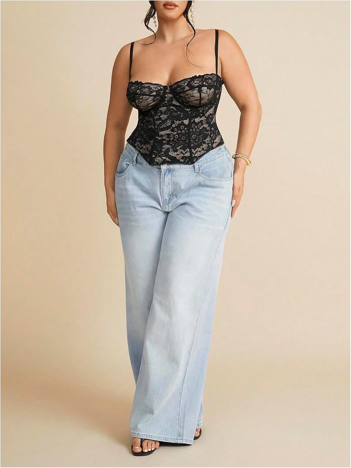 Women's Plus Size Floral Lace Corset Cami Top Sexy Mesh Spaghetti Strap Party Club Camisole - Image 3