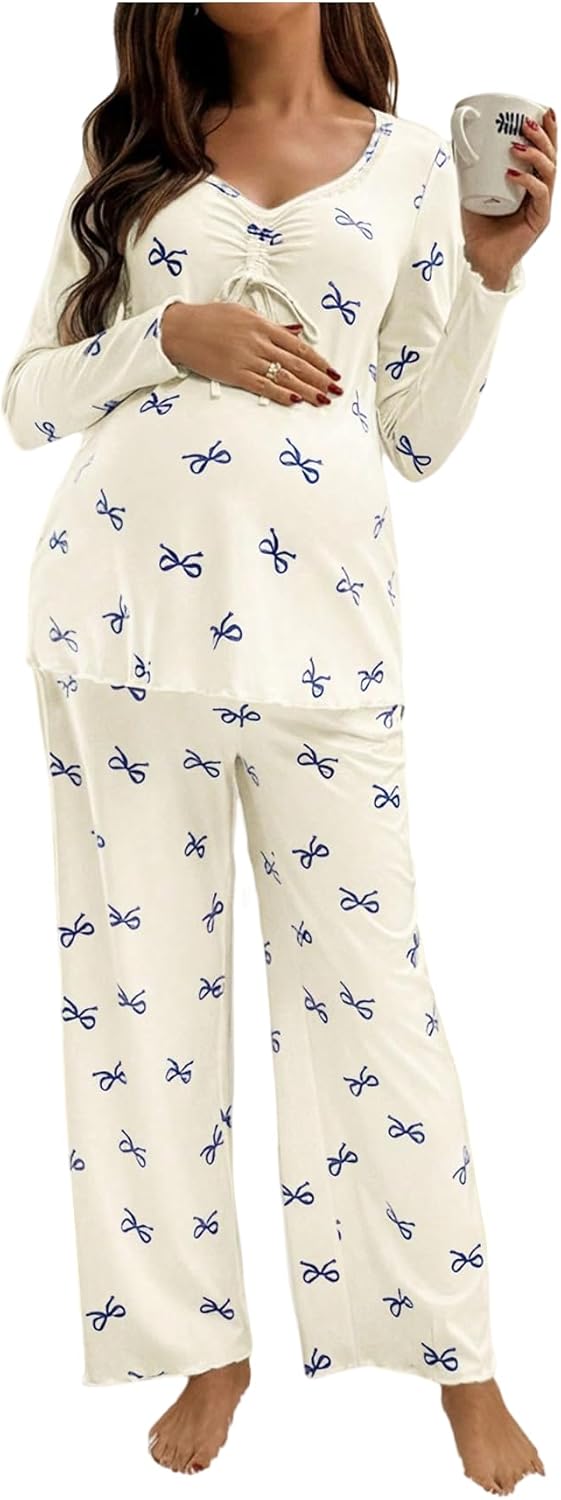 WDIRARA Women's 2 Piece Maternity Lounge Sets Bow Print Long Sleeve Sleepwear Pants Pajama Sets