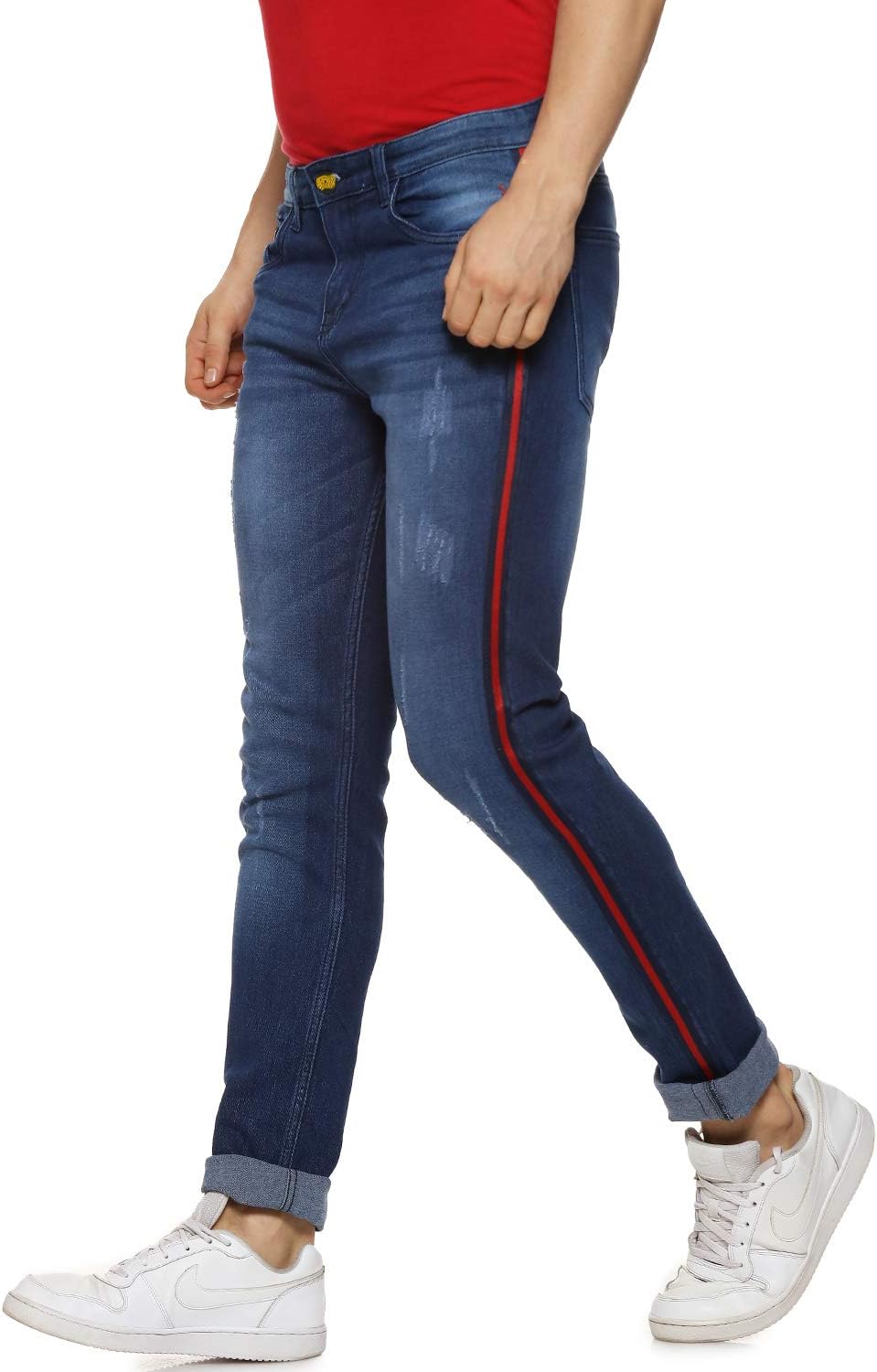 Campus SutraMen’s Classic Blue Light-Washed Distressed Side Striped Regular Fit Denim Jeans | Mid-Rise Stretchable Cotton Denim Jeans Crafted with Comfort Fit & High Performance for Everyday Wear
