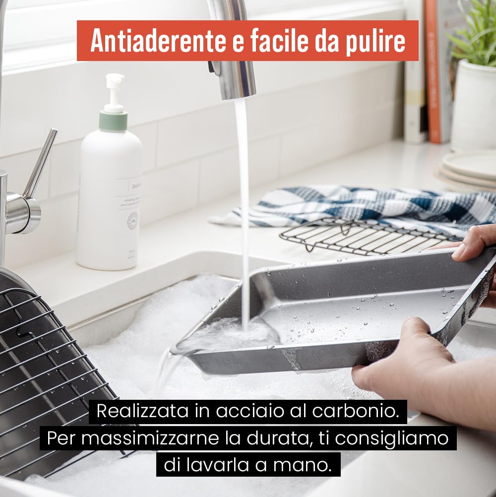 Chef Pomodoro Teglia con Griglia da Forno (41 x 28 cm), Teglia Forno Rettangolare Antiaderente in Acciaio al Carbonio, Gratella di Raffreddamento per Arrosti e Fritti