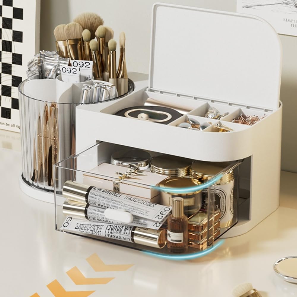 Siehpa3 Makeup Organizer for Vanity with Drawer, 360 Rotating Makeup Brush Holder, Cosmetic Jewelry Storage for Countertop Bathroom Dresser Desktop (White)