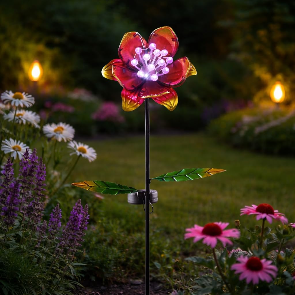 Garden Mile Solar Glass Flower Stake Light Pink & Purple Decorative Garden Light, Outdoor LED Flower for Borders, Pathways, Patio, Lawn & Feature Garden Lighting