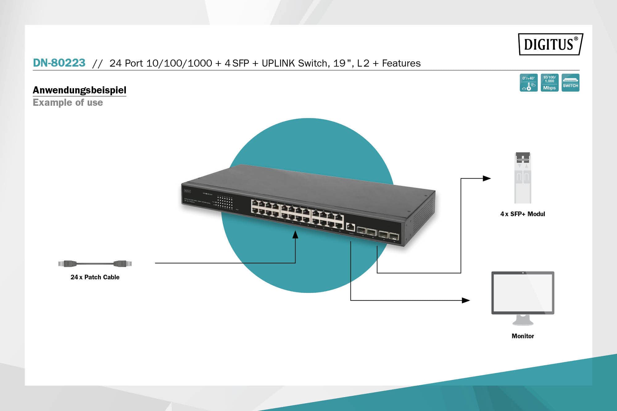 Digitus 29 Port Gigabit Ethernet Netzwerk-Switch - Managed - 24 RJ45 Ports + 4 SFP Ports + 1 Konsolen Port - 10/100/1000 Mbps - 19-Zoll Formfaktor - L2+ Funktionen - Schwarz – Bild 4