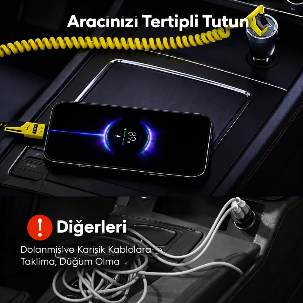 4’ü 1 Arada 65W Yaylı Hızlı Şarj Kablosu Type-C & Lightning PD Destekli, Dolaşmaz Spiral Tasarım, 1.5m Uzayabilir, Araç & Ev Uyumlu Şarj ve Veri Kablosu (Siyah)