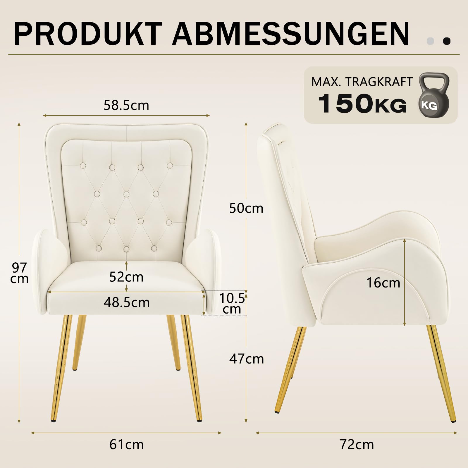 Hellove 2er Set Ohrensessel mit doppellagiger Rückenlehne – Wählbar: Samt oder Kunstleder – Bequemer Polsterstuhl mit goldenen Beinen – Skandinavischer Relaxsessel für Wohnzimmer, Beige
