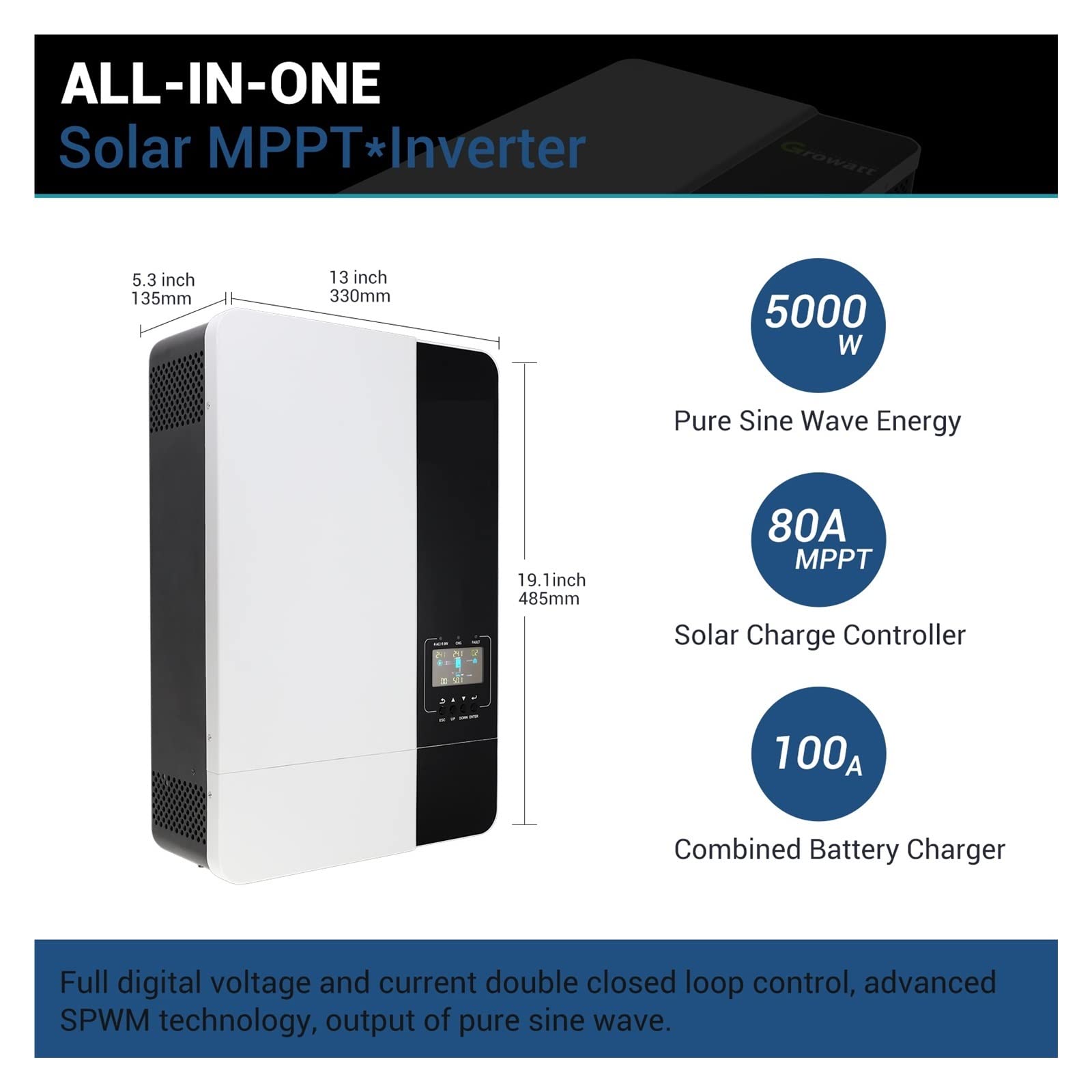 3.5KW/5KW Inverter Solare Ibrido 48V 230V MPPT 80A/100A Invertitore Onda Sinusoidale Pura Può Funzionare Senza Supporto Batteria Wifi(SPF 5000 100A WIFI)
