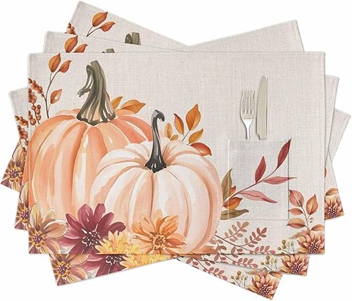 Miniatura 1 de Juego de 4 manteles individuales de mesa de calabaza rosa para mesa de comedor, tela de lino de algodón con bolsillo, arpillera cuadrada,