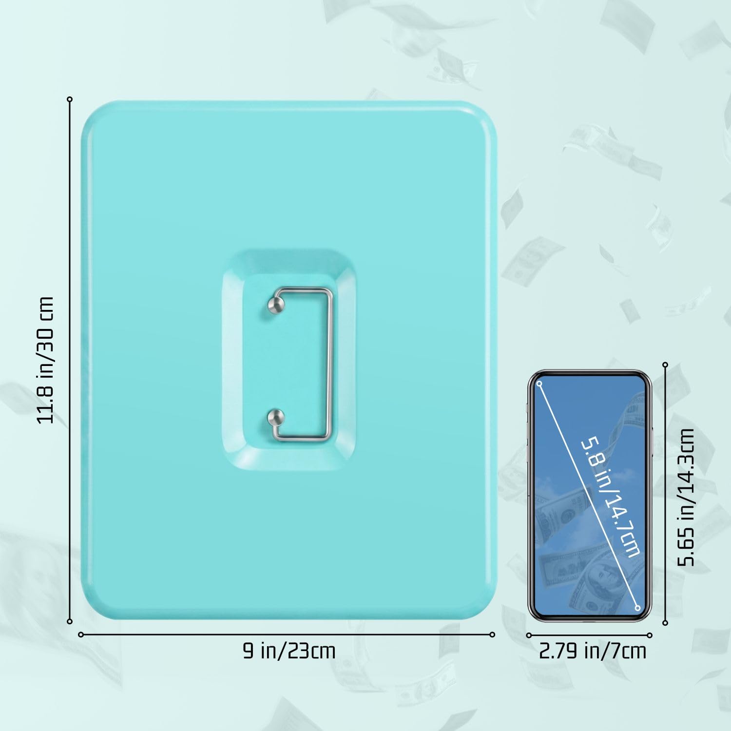 Flexzion Caja de dinero con llave, caja de dinero para negocios en efectivo, cajero y dinero en efectivo, caja de metal azul con llave de bloqueo, bandeja de billetes con resorte y ranuras para