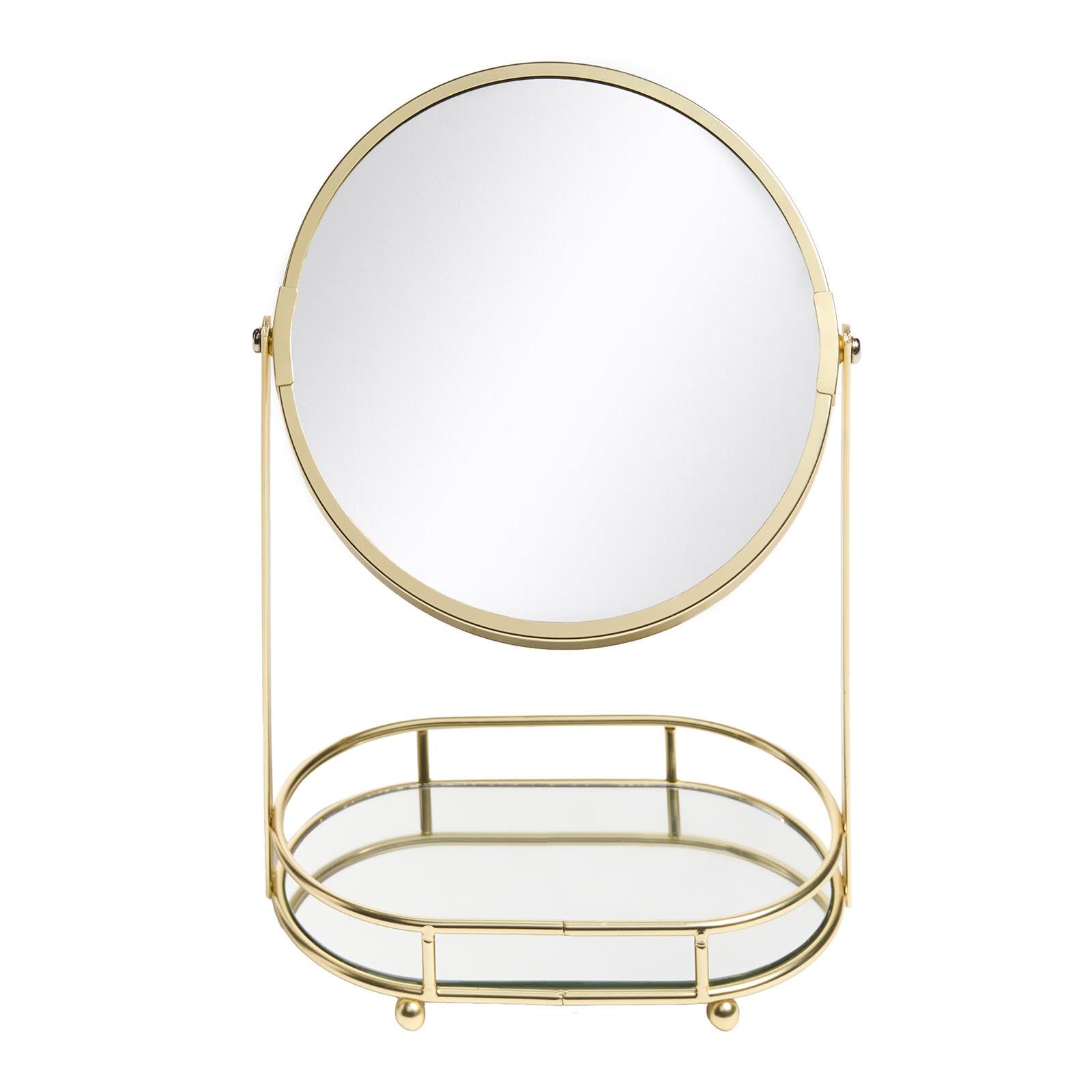OHS Metal Frame Makeup Vanity Mirror Countertop Freestanding Pedestal in Gold