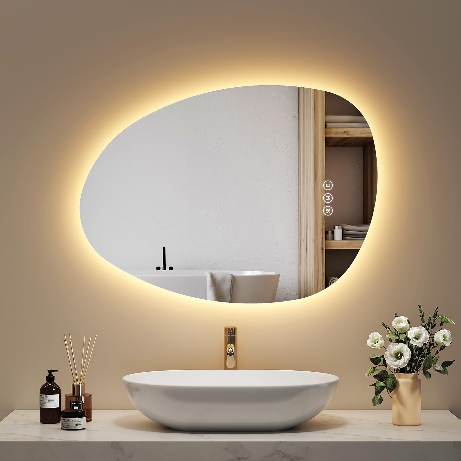 EMKE Specchio da bagno con illuminazione, 75 x 55 cm, specchio asimmetrico con touch, 3 colori di luce, dimmerabile, senza appannamento, specchio da bagno con illuminazione IP44, risparmio energetico