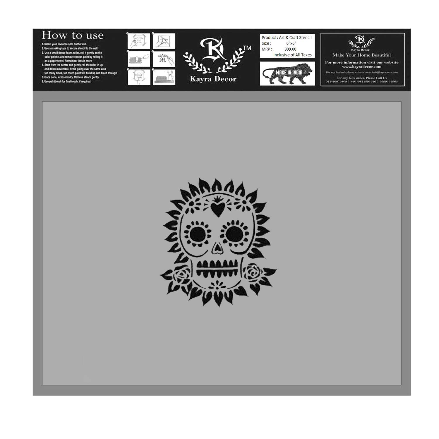 Kayra Decor Reusable Sugar-Skull Painting Stencils for Art and Craft,Walls,Floor,Tiles,Furniture,Painting Canvas Art,T-Shirt, Cookie & Cake Decoration,Drawing Stencils for Kids, 6"x 6" (Pack of 1)