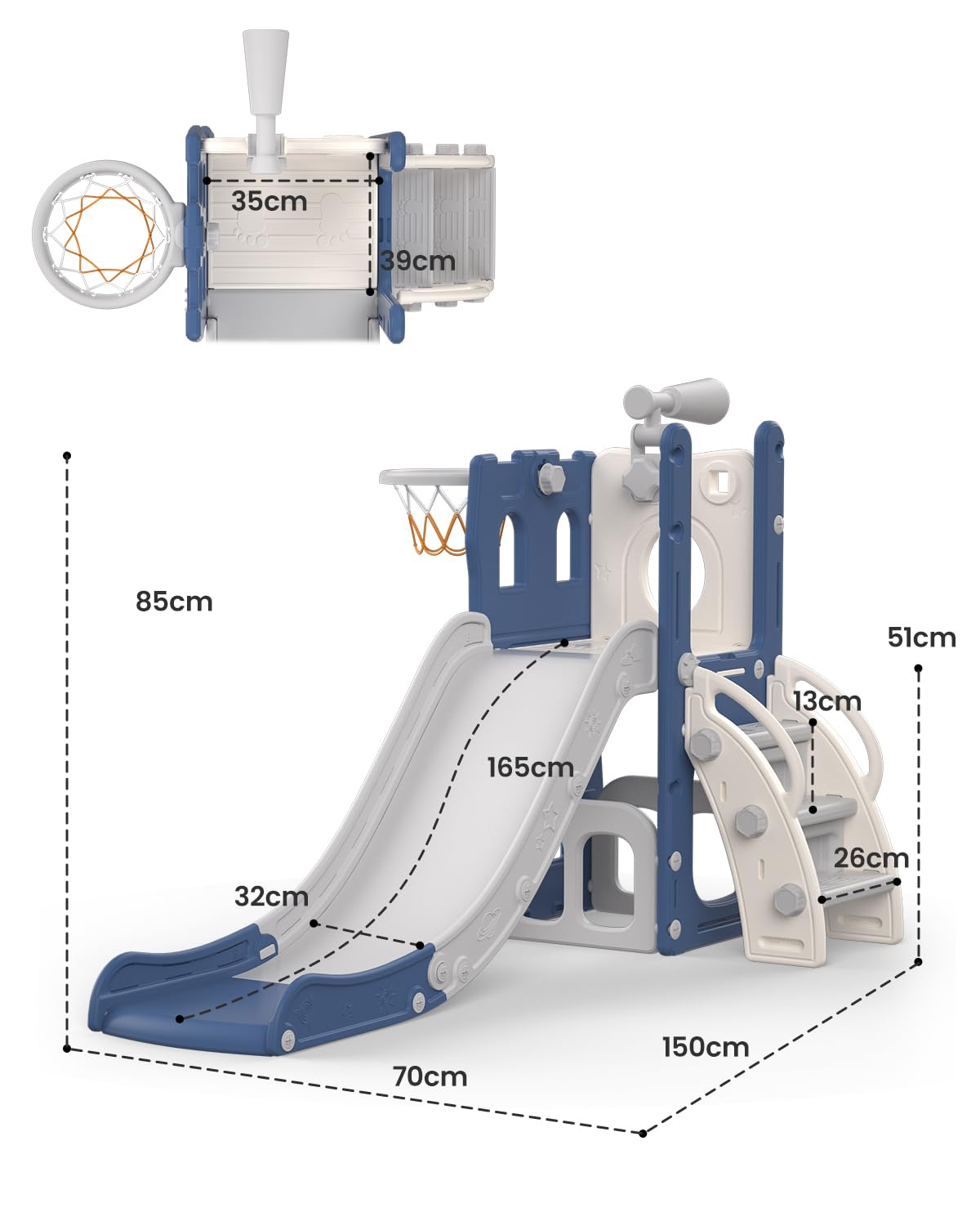 Scivolo per Bambini, 5 in 1 Scivolo per Interni ed Esterni, Parco Giochi per Bambini con Canestro da Basket, Spazio di Archiviazione e Telescopio, Parco Giochi per Bambini da 1 Anno, Blu