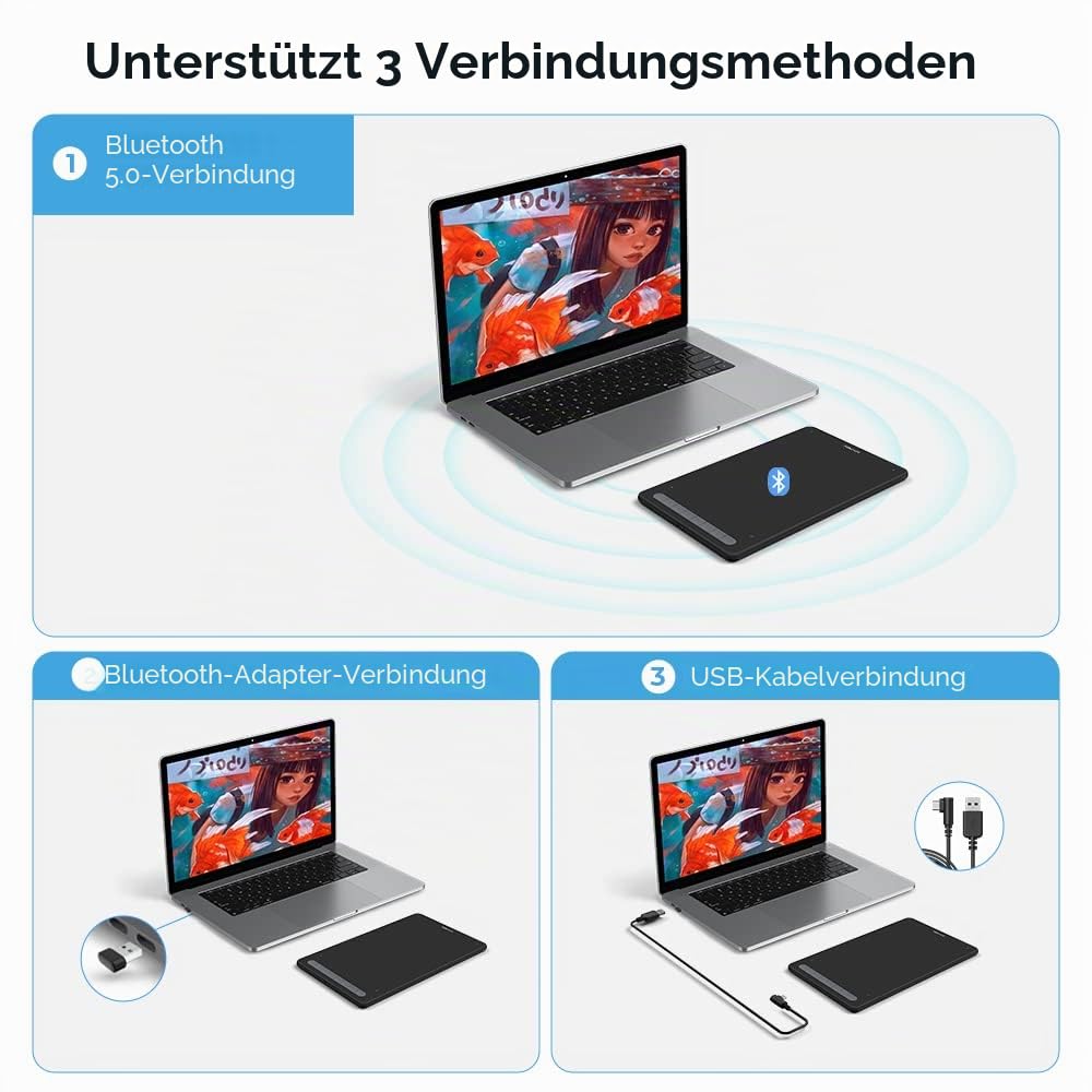 XPPen Deco MW 8x5 Zoll Grafiktablett Bluetooth Wireless Zeichentablett mit 8 Tasten, Drawing Tablet mit X3 Stylus, kompatibel mit Windows, Mac, Android, Chrome OS und Linux (Schwarz)