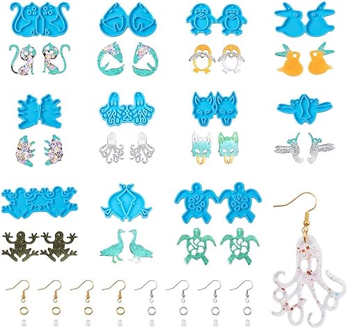 KISSITTY Moldes de silicona para aretes con temática de animales, lobo, gato, pájaro, rana, pato, pulpo, colgante, moldes de fundición de resina,