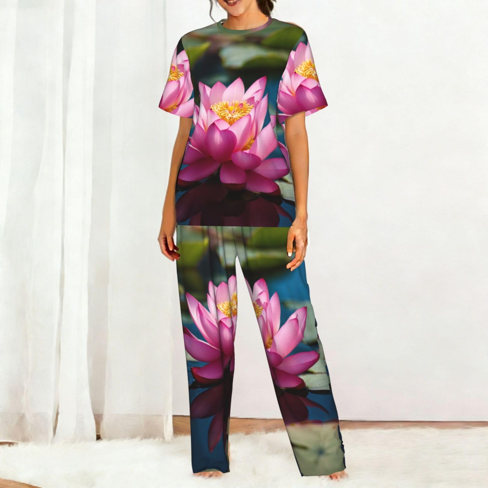 Spirit Of The Lotus Print damska piżama z krótkim rękawem zestaw bielizna nocna letnia miękka wygodna domowa bielizna nocna