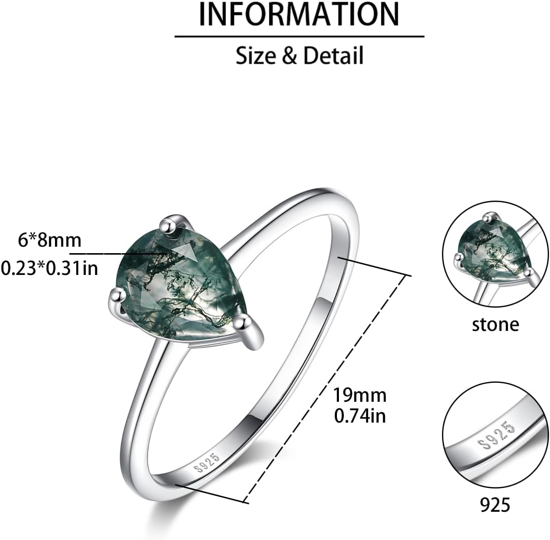 Natural Moss Agate Ring 925 Sterling Silver Teardrop Engagement Promise Ring for Women Jewelry Gifts (9, Silver) - Image 6