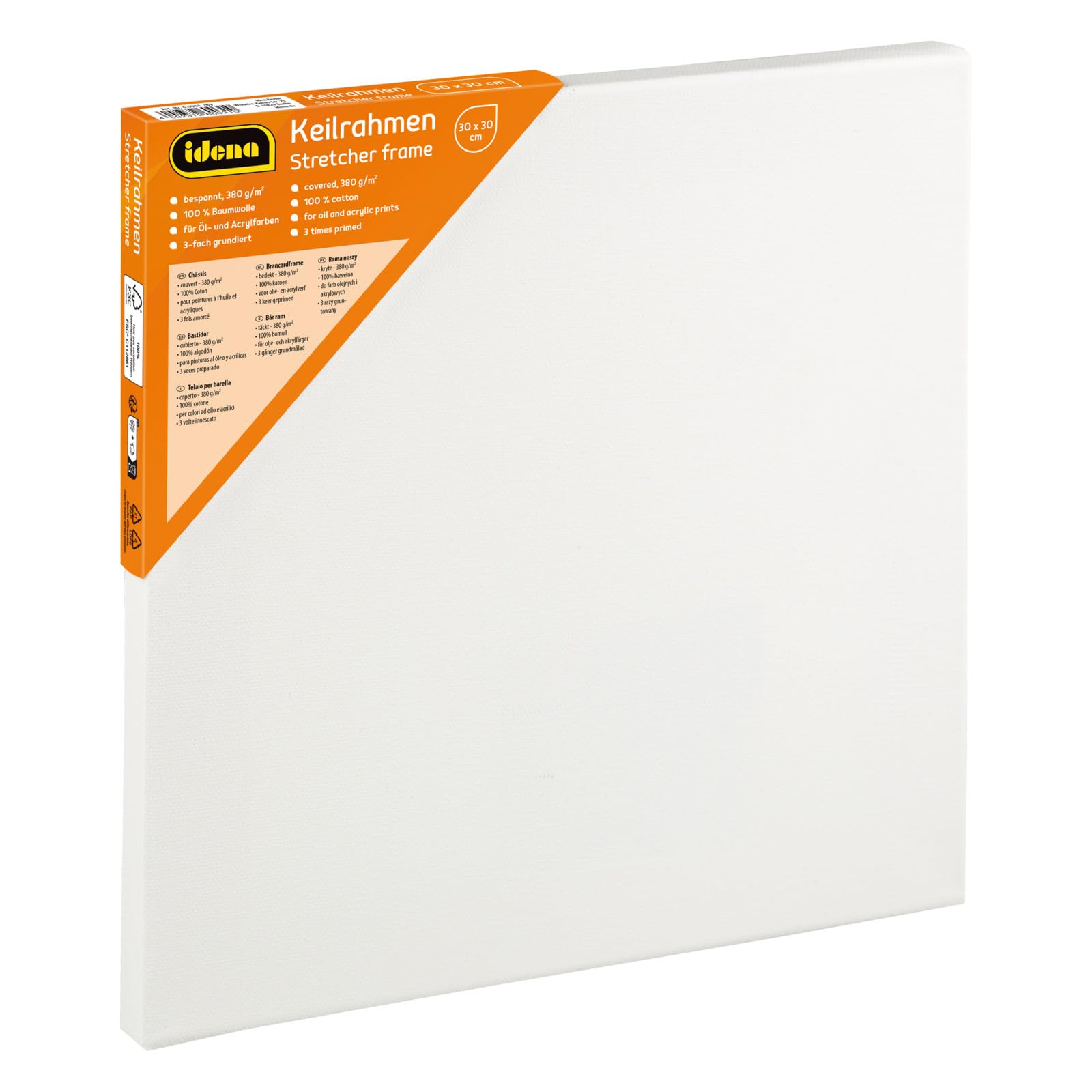 Idena 60031 Stretcher Frame with Canvas 100% Cotton 380 g/m² for Oil and Acrylic Paints Approximately 30 x 30 cm White