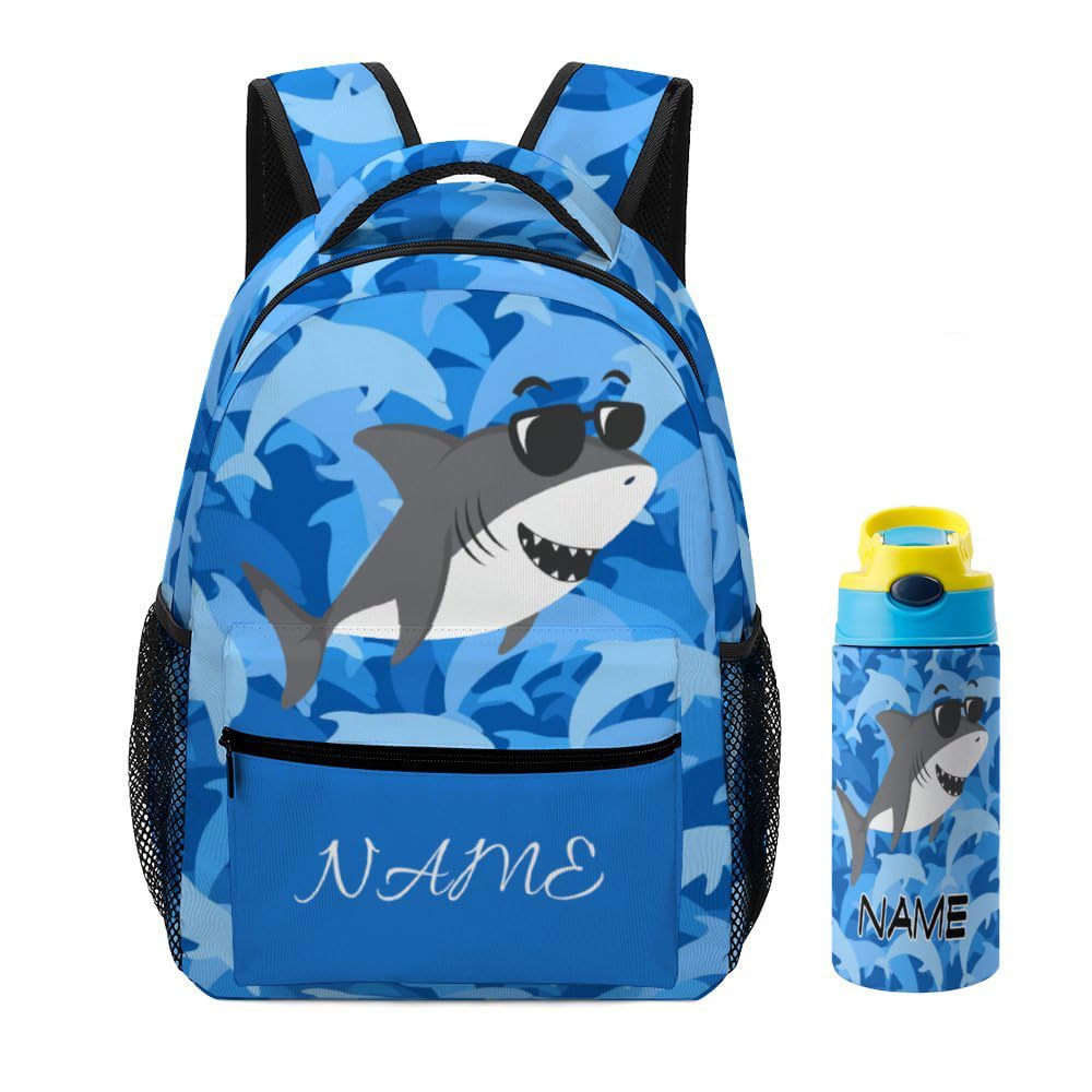 SUQINFA Custom Shark Dolphin Backpack Set 2 Pcs Add Text Name Personalized School Book Bag Kid Water Bottle Customized Backpack for Girls Boys