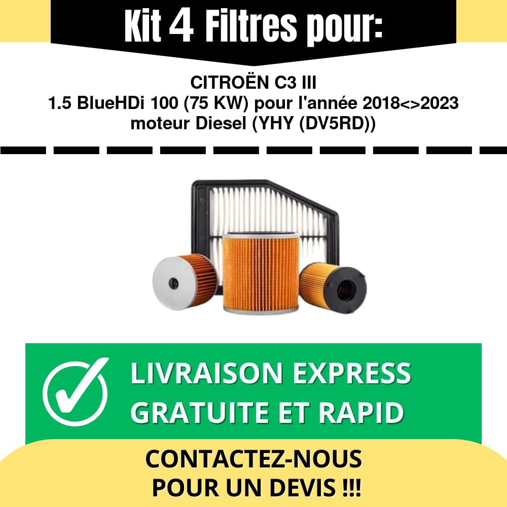 Tagliando Completo Per CITROËN C3 III 1.5 BlueHDi 100 (2018-2023) - 4L Olio TOTAL + 4 Filtri (Olio, Aria, Carburante, Abitacolo)