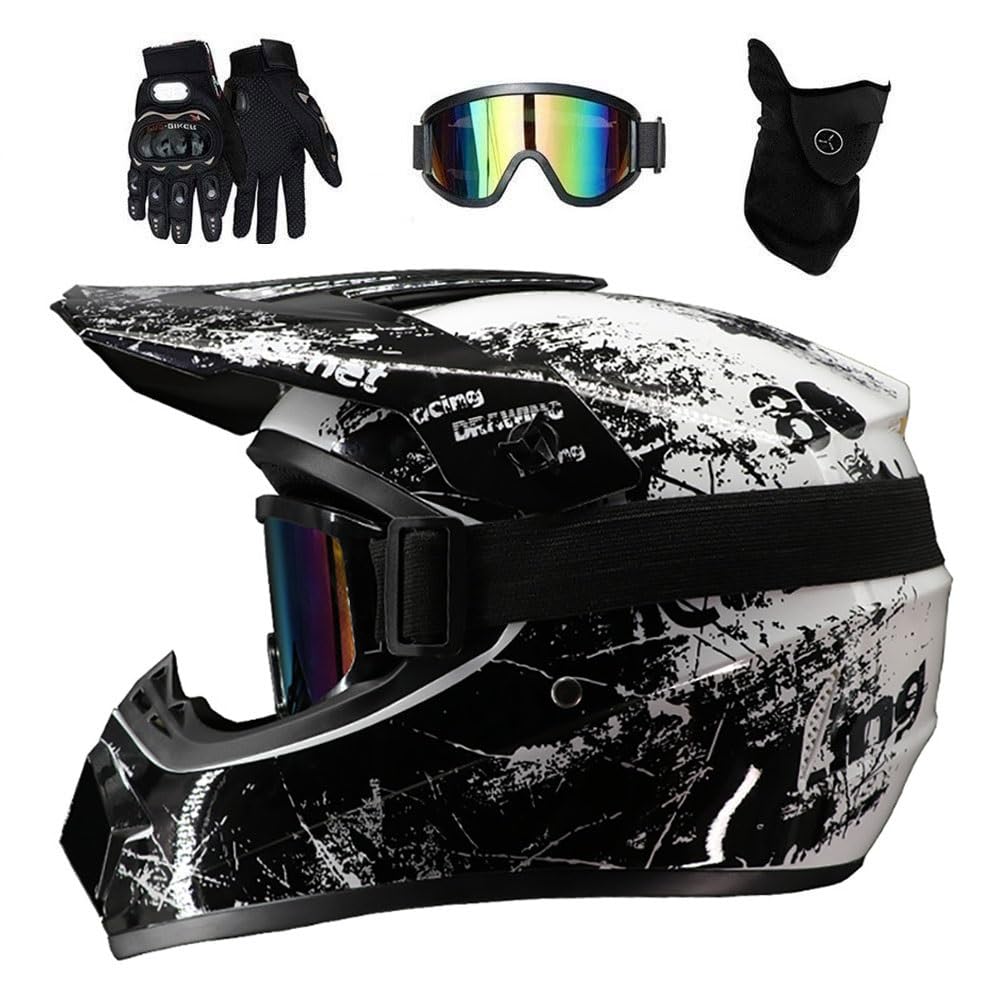 Double Sport Casque de Motocross, Jeunesse Enfants Intégral Tout-Terrain Courses Moto Casques, Descente BMX MTB VTT Enduro Quad Dirt Bike Casque, avec Lunettes Gants Masque