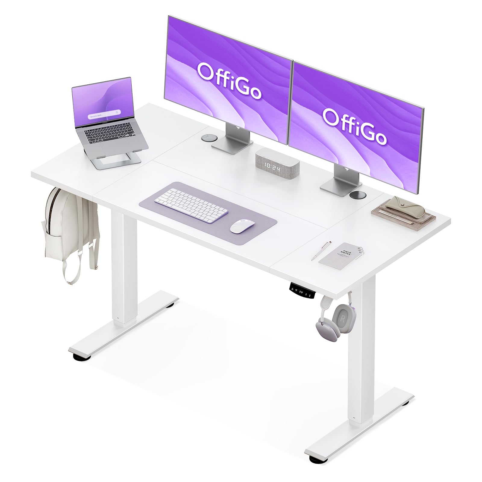 OffiGo Bureau Assis Debout électrique 140cm, Table Ergonomique avec 3 Fonctions Mémoire, Standing Desk Blanc