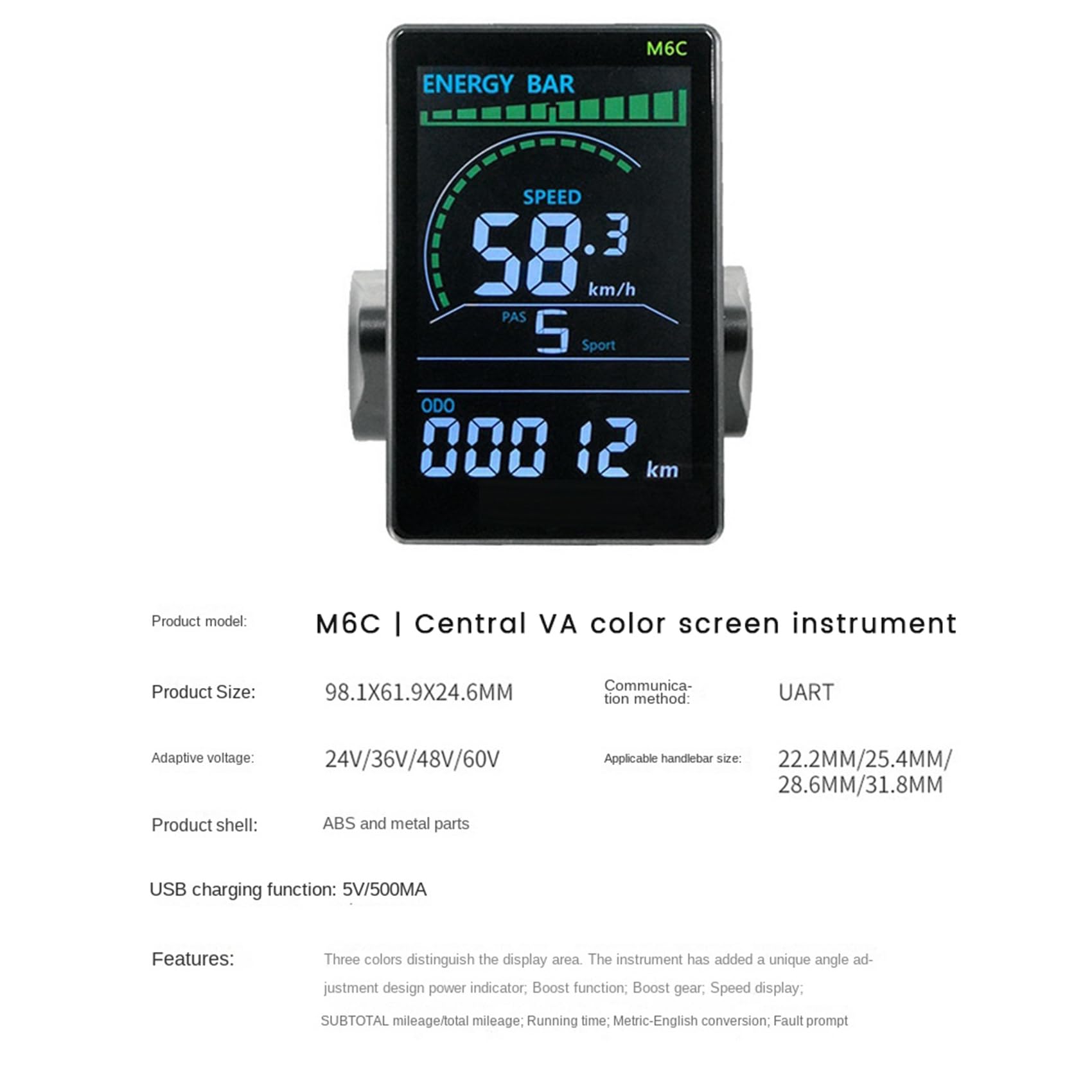 2X M6C Elektryczny Miernik Wyświetlacza LCD 24 V-60 V E Skuter Panel LCD Kolorowy Ekran z USB do Górskiego Roweru Elektrycznego (5PIN)