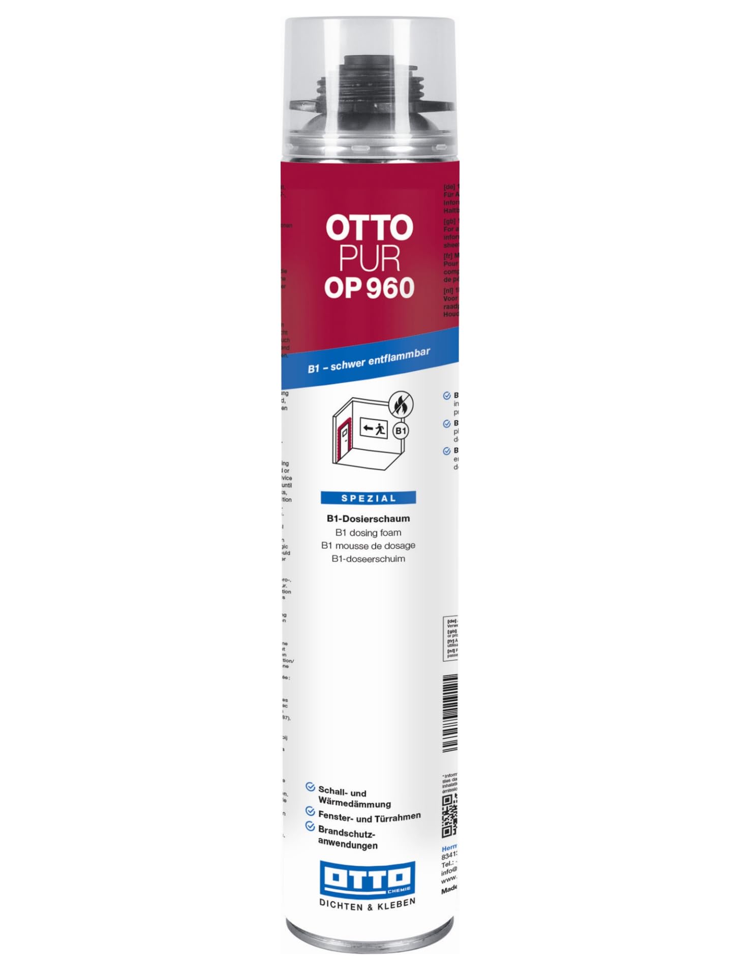 12 x OTTO-PUR OP960 750 ml Brandschutzschaum B1-Dosierschaum Pistolenschaum Montageschaum zur Verfüllung, Dämmung & Isolierung, Bauschaum Schallschutzschaum 60 dB für Schaumpistolen