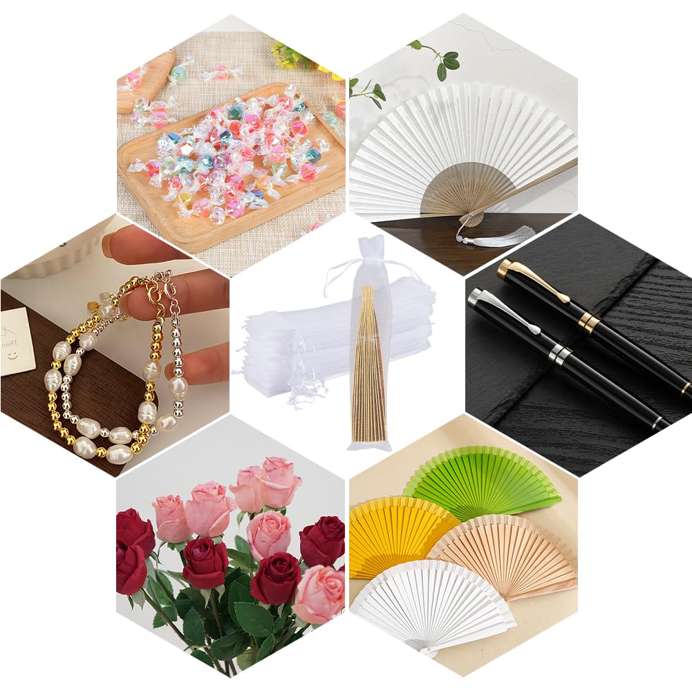 GORGECRAFT 100 Sac en Organza Transparent 24x6cm avec Cordon de Serrage pour Bijoux Pochette Pliable en Maille pour Éventail à Main Pochette Bonbons Stylos Fleurs Rangement de Cadeaux Festival Noël