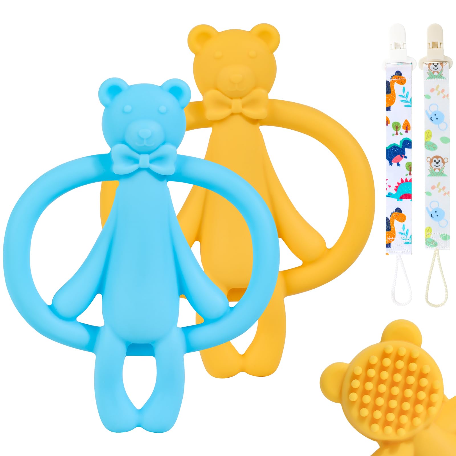 2 Pack Teething Toys, Baby Teething Toys 0-6 6-12 Months, Silicone Bear Shape Baby Teether, Easy to Hold Baby Chew Toys, BPA Free, Blue and Yellow